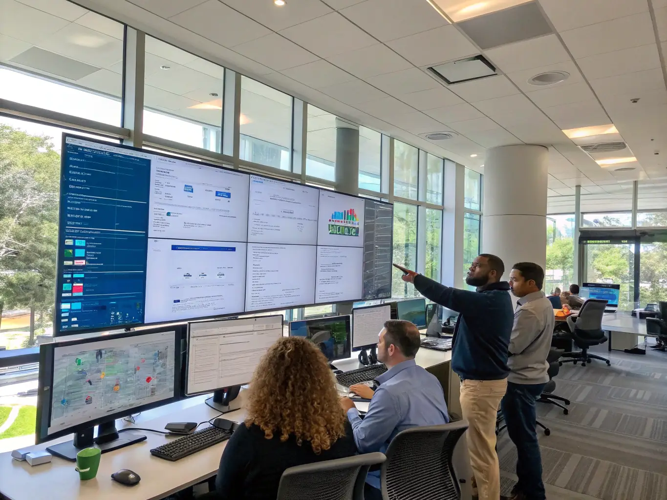 A modern office setting where employees are engaged in a training session on data analytics, using charts and graphs to visualize information.