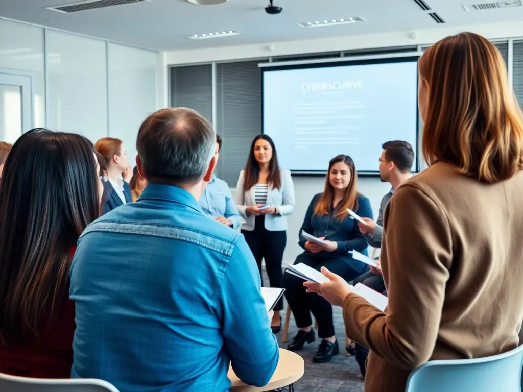 A dynamic workshop environment where participants are learning about cybersecurity best practices, with a focus on threat detection and prevention.