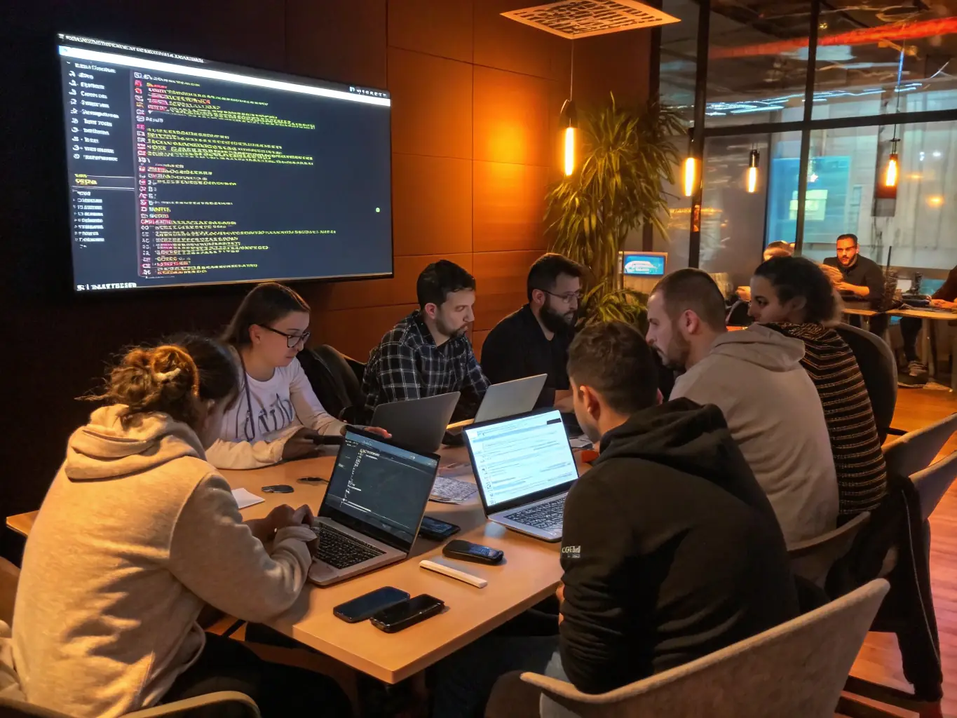 A diverse group of professionals actively participating in a hands-on computer training session, focusing on software development, with laptops and collaborative discussions.