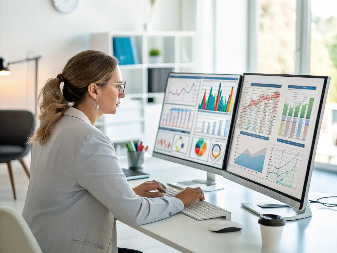 An image showing a data analyst working with complex datasets and visualizations, highlighting the importance of data analysis skills in modern business environments.